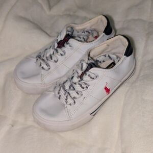 Ralph Lauren Kids White Leather Sneakers with Red Polo Emblem and Black Heel